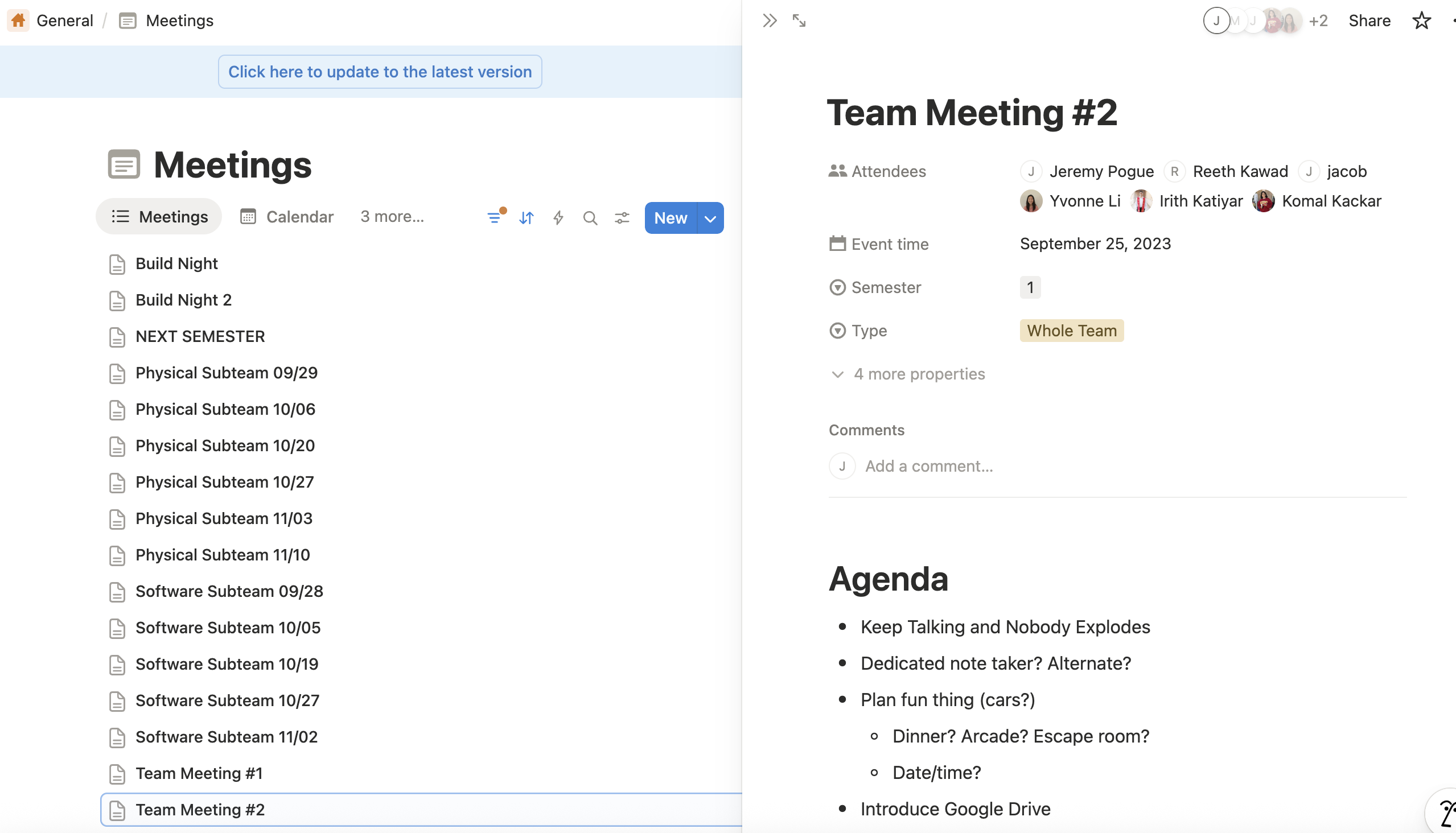 Screenshot of Notion subpage containing meeting notes and details