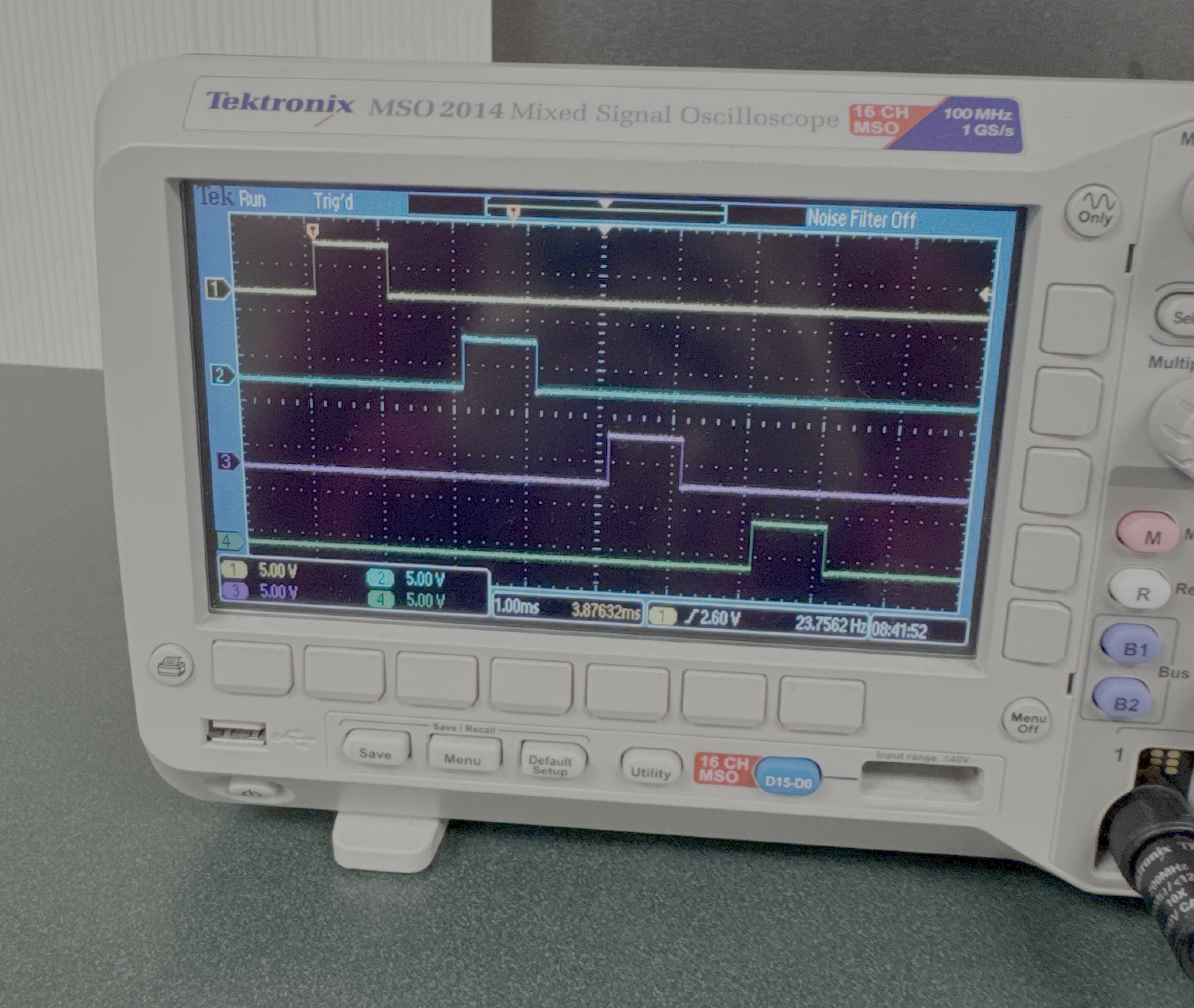 An early oscilloscope test verifying pin outputs