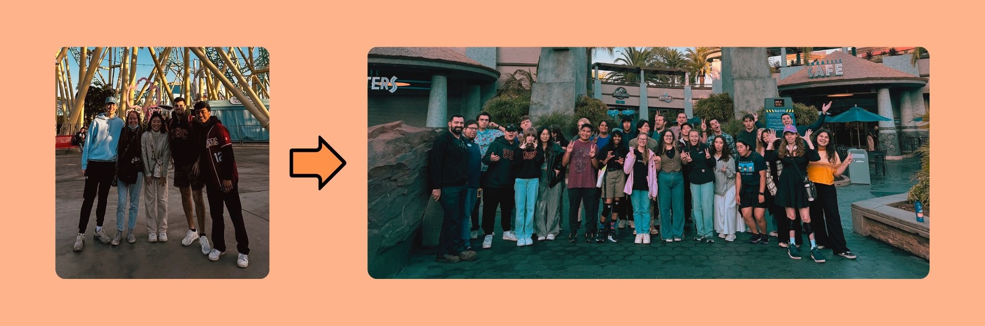 Scream USC in front of Jurassic World at Universal Studios Hollywood